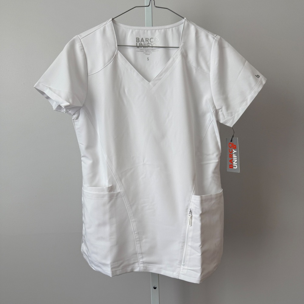 Barco Unify Scrubs sz S White V Neck Scrub Top‎ Short Sleeve NWT